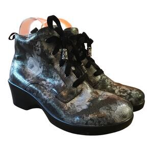 Alegria Eliza Elegance Ankle Boot 40 9.5 - 10 Side Zip Silver Black Floral Goth